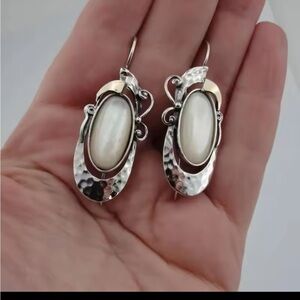 Hammered silver color with white faux stone earrings NWOT
